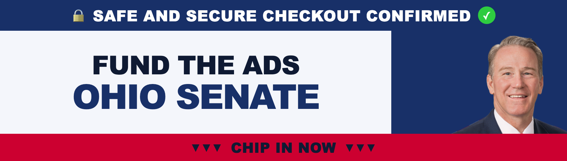 Jon Husted on a navy ads banner. Fund the ads. Ohio Senate. Chip in now.